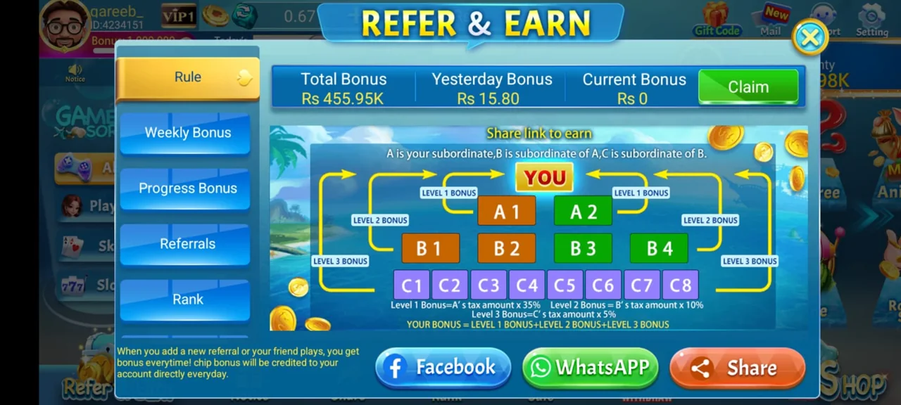 3 Patti Pearl Refer & Earn screen — 3 patti pearl referral code with 3 level invite bonus commission