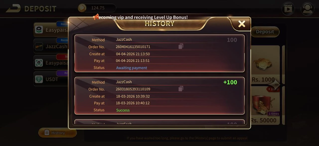 Royal Casino deposit screen — royal casino EasyPaisa, JazzCash and USDT deposit history in Pakistan