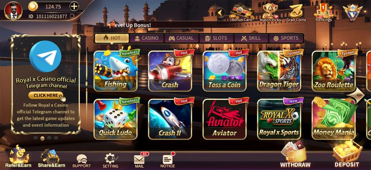 Royal Casino game lobby — royal casino apk with Fishing, Crash, Aviator, Dragon Tiger and Zoo Roulette games