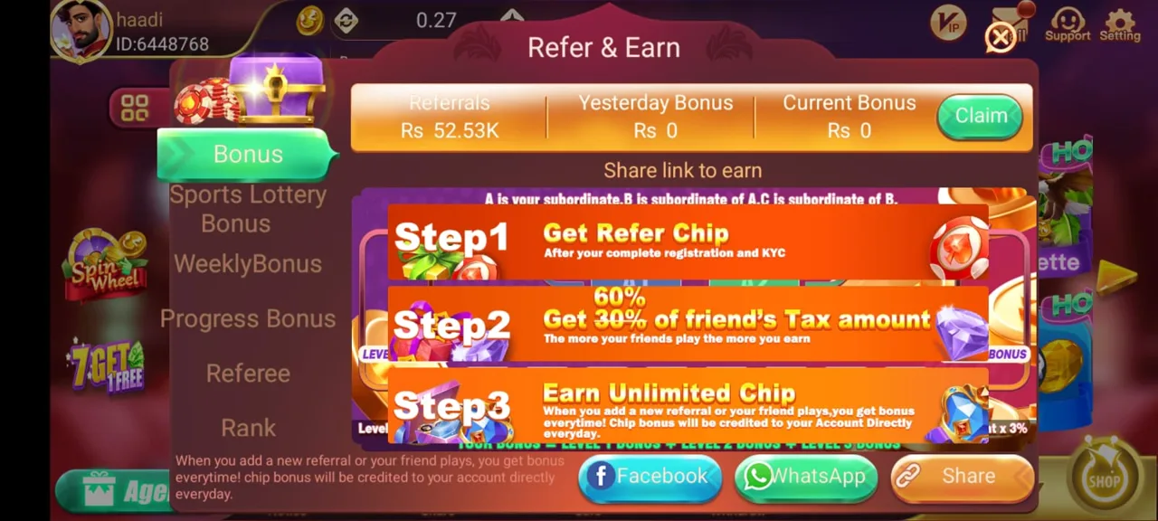 3 Patti No1 Refer & Earn screenshot — 3 Patti No1 referral code aur invite code bonus