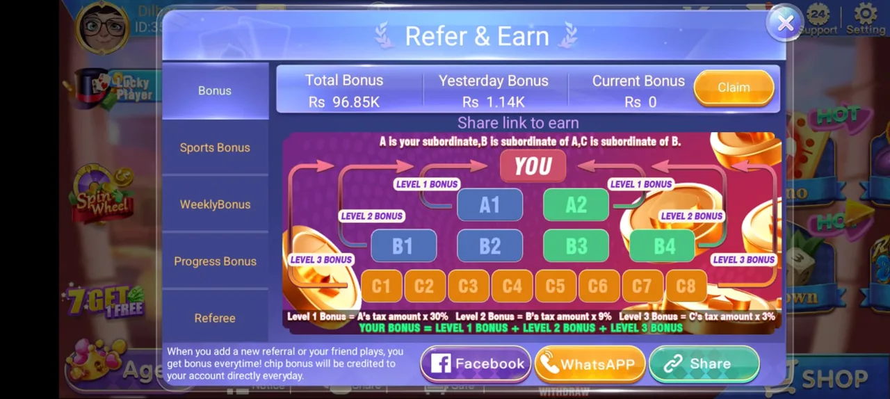 3 Patti Room Refer & Earn screen — teen patti room referral code with 3 level invite bonus commission