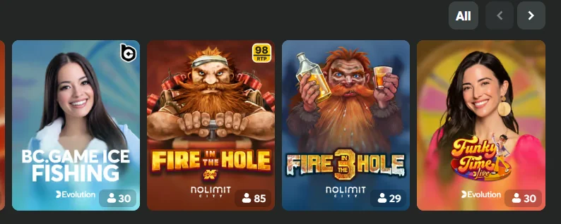 BC Game live casino screenshot — BC.Game Ice Fishing, Fire in the Hole aur Funky Time live dealer games