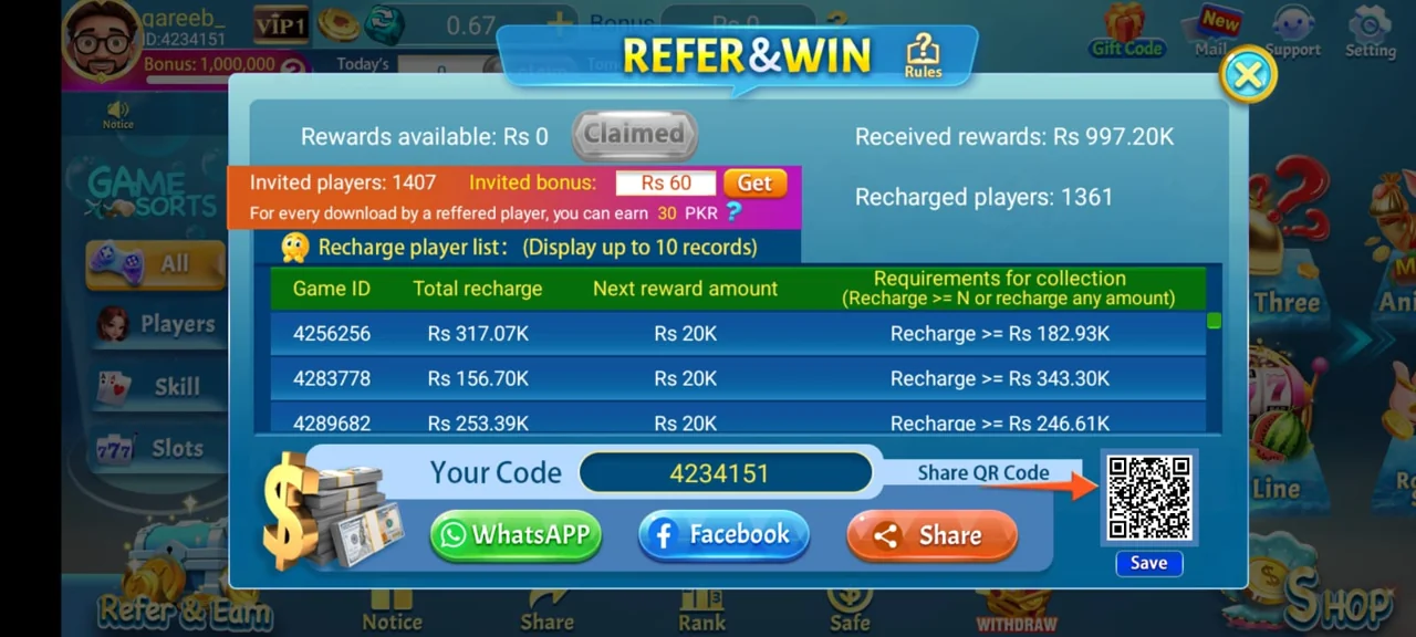 3 Patti Pearl Refer & Win screen — 3patti pearl invite bonus 30 PKR per download with QR share code